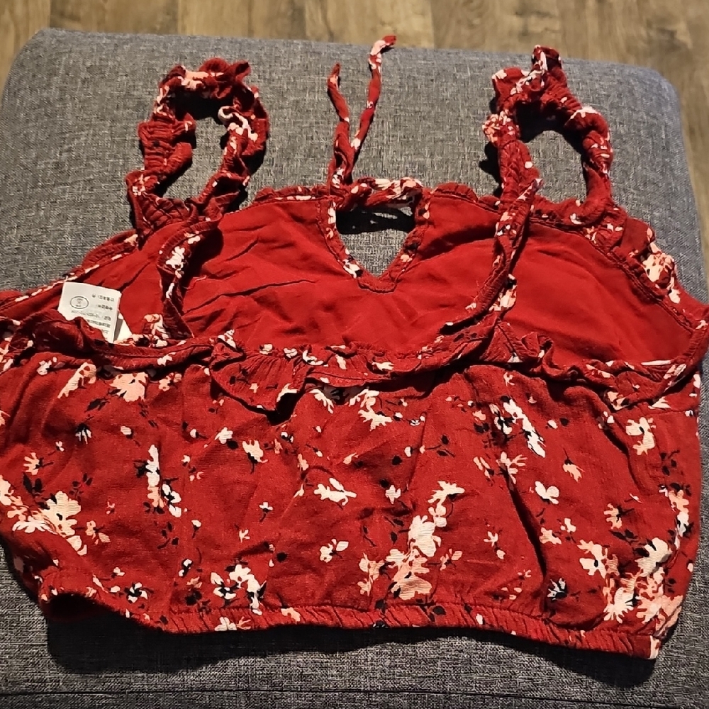 Abercrombie & Fitch Burgundy Floral Crop Top Summer Size Xsmall Ruffles - Picture 6 of 6